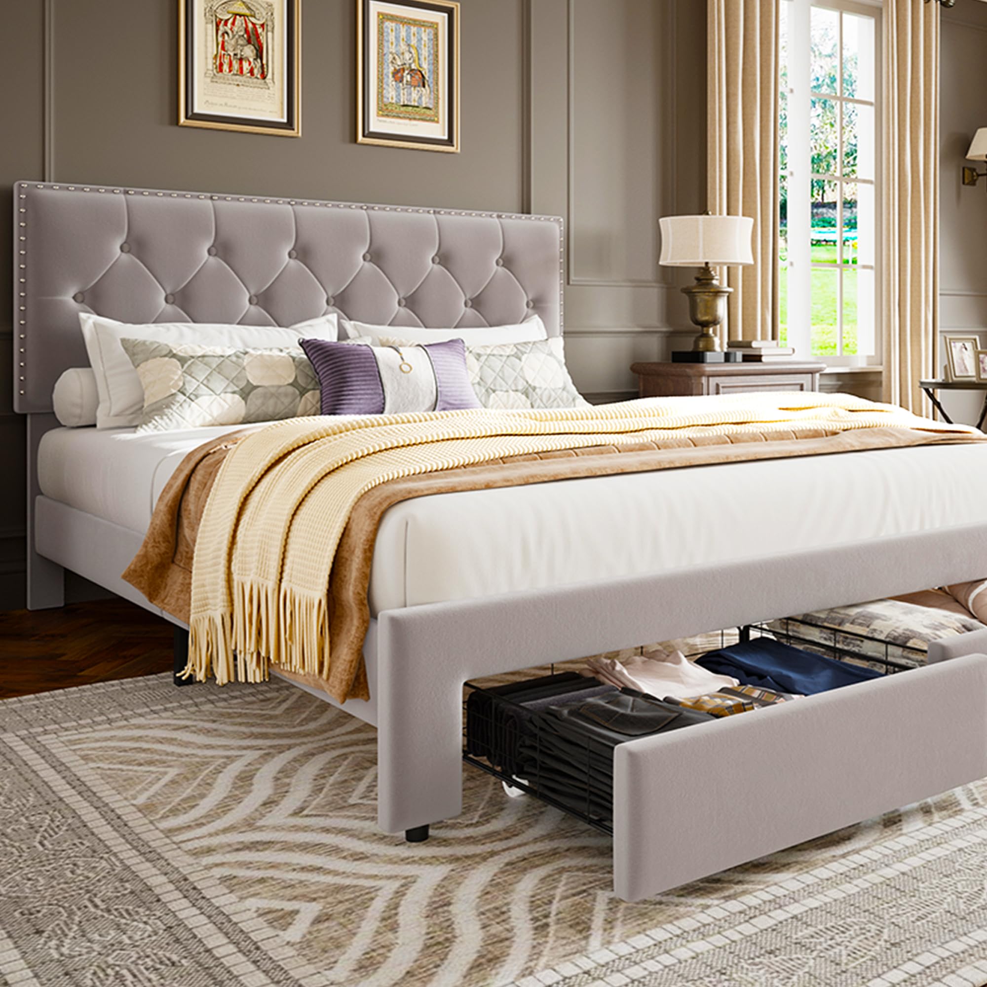 Upholstered Full Size Bed Frame with 2 Storage Drawers, Velvet Platform Bed Frame