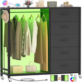 Dresser with Clothes Rack, 5 Drawers Dresser with Charging Station & LED Lights