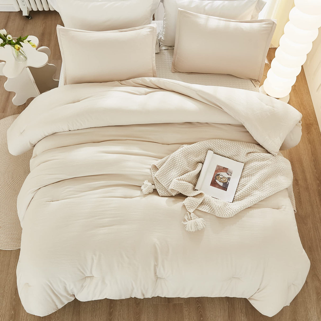 Beige Comforter Set California King Size, 3 Pieces Cal King Lightweight Solid Bedding