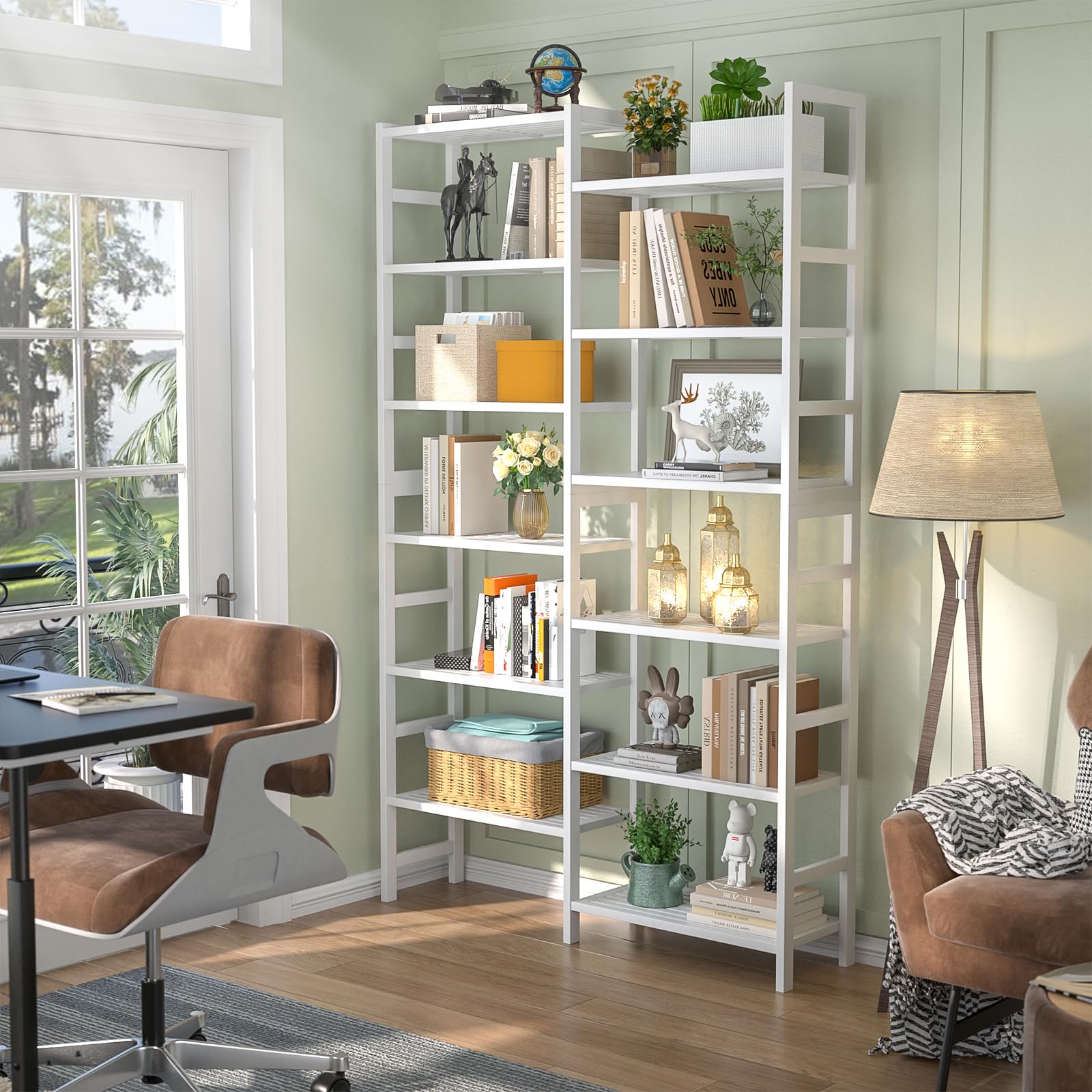 Homykic Double Wide Bamboo Bookshelf White, 6-Tier Large Open Bookcase with 12 Display Shelves, 6ft Tall Freestanding Book Shelf for Home Office, Bedroom, Living Room, Plants