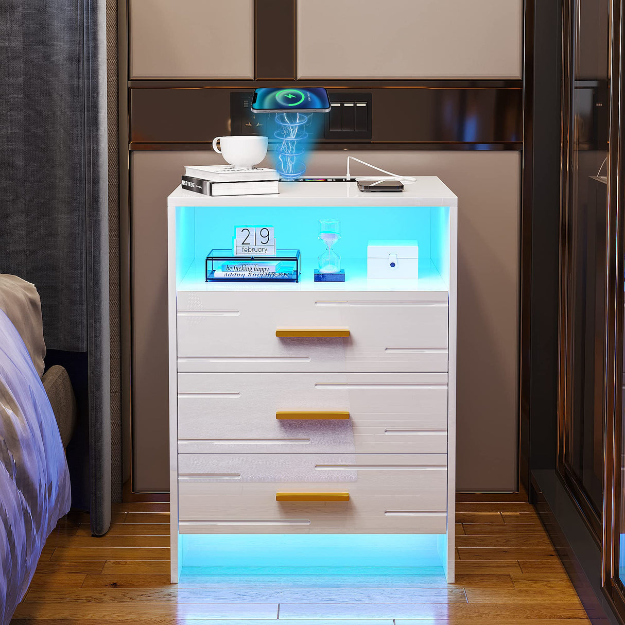 HNEBC RGB LED Nightstand with Wireless Charging Station, Smart Night Stand with Motion Sensor Lights, High Gloss White Nightstand with 3 Drawers for Bedroom, Modern Bedside Tables (A White)