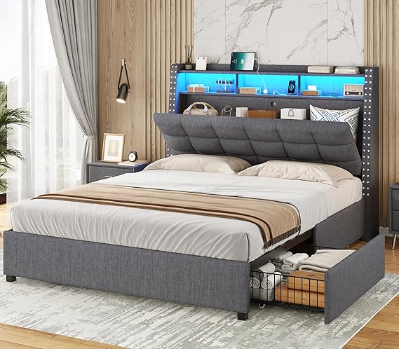Full Size Bed Frame with Storage Headboard and 4 Drawers