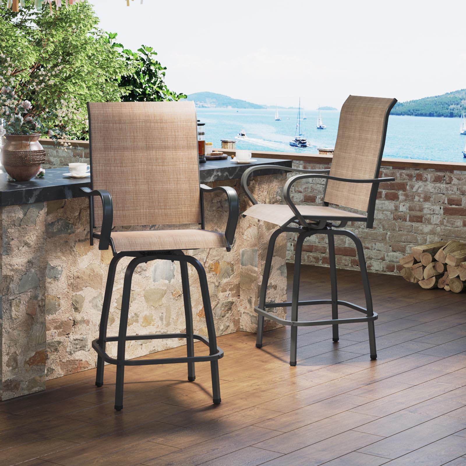 Outdoor Swivel Bar Stools Set of 2, Premium Patio Bar Stools, Textilene Bar Height