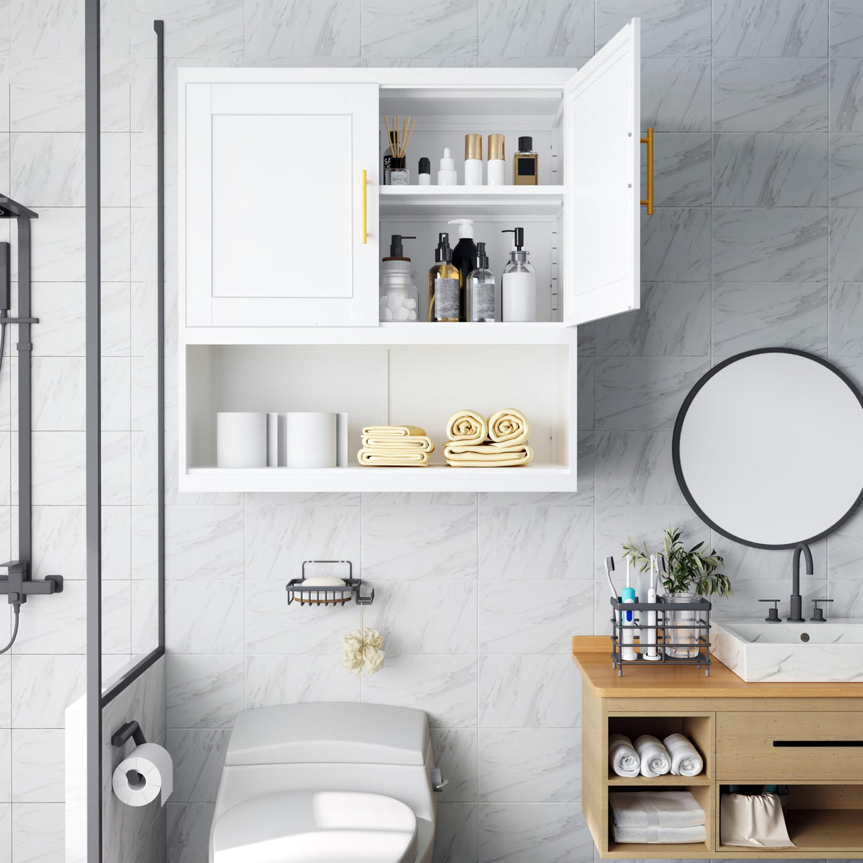 Metal Bathroom Wall Cabinet with Doors and Shelves, Over The Toilet Storage Cabinet