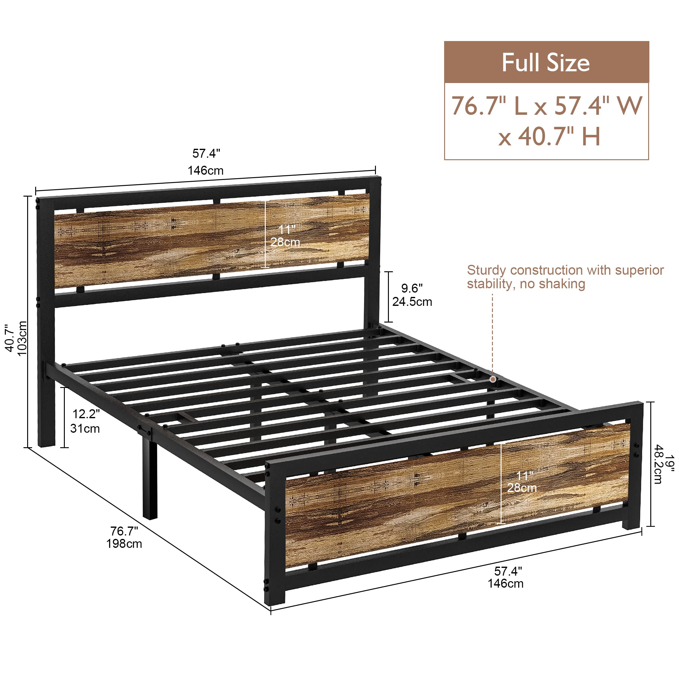 Full Bed Frame with Headboard and Footboard, Heavy Duty Metal Platform