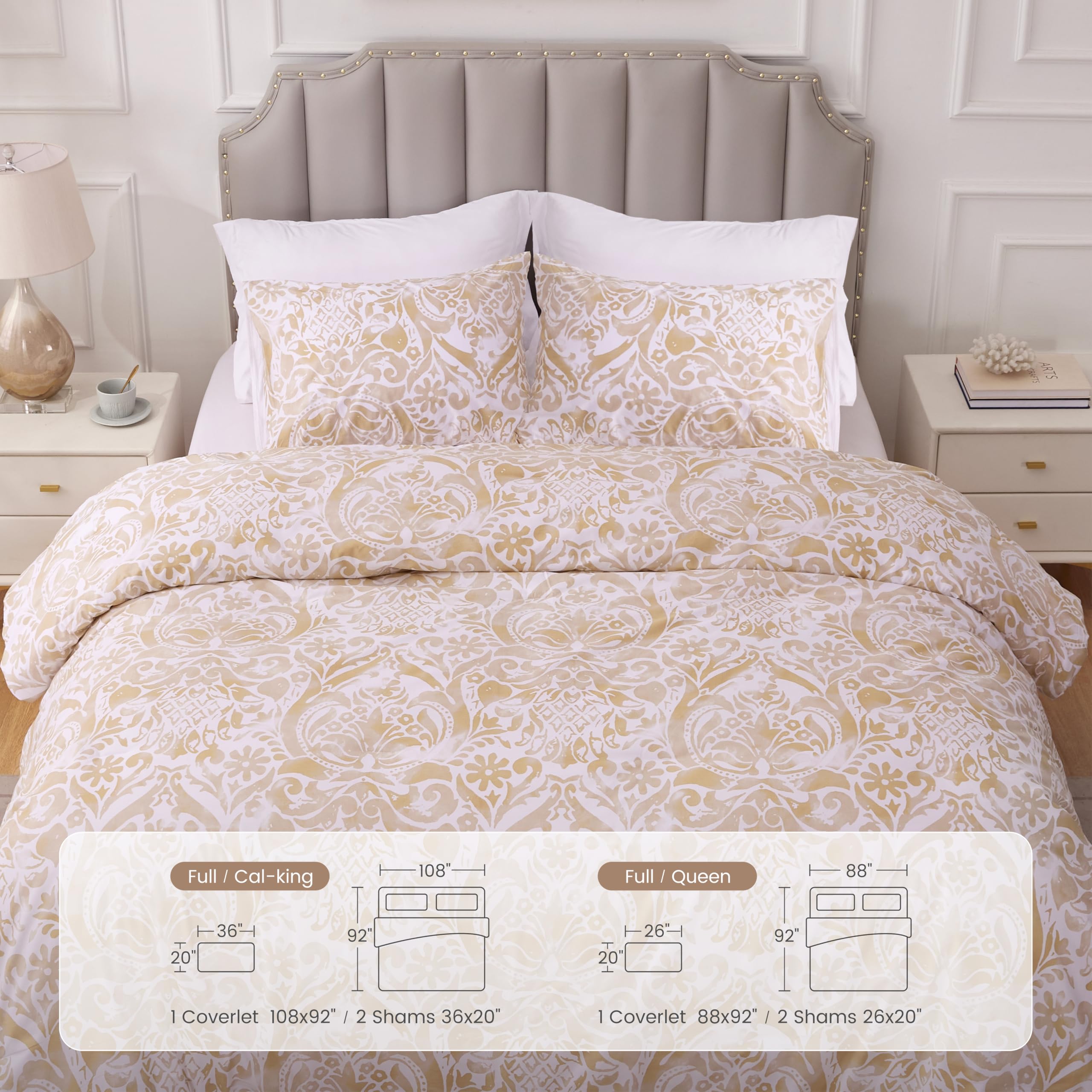 Sophia Willam Damask 3 Pieces Comforter Set Queen Size, Cotton Fabric with Microfiber Inner Fill, 1 Comforter (88x92) and 2 Pillowcases (26x20),Bronze Damask