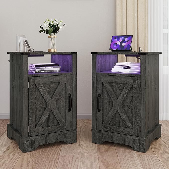 LED Nightstand with Charging Station, Farmhouse Wooden Side Table, Bedside Table