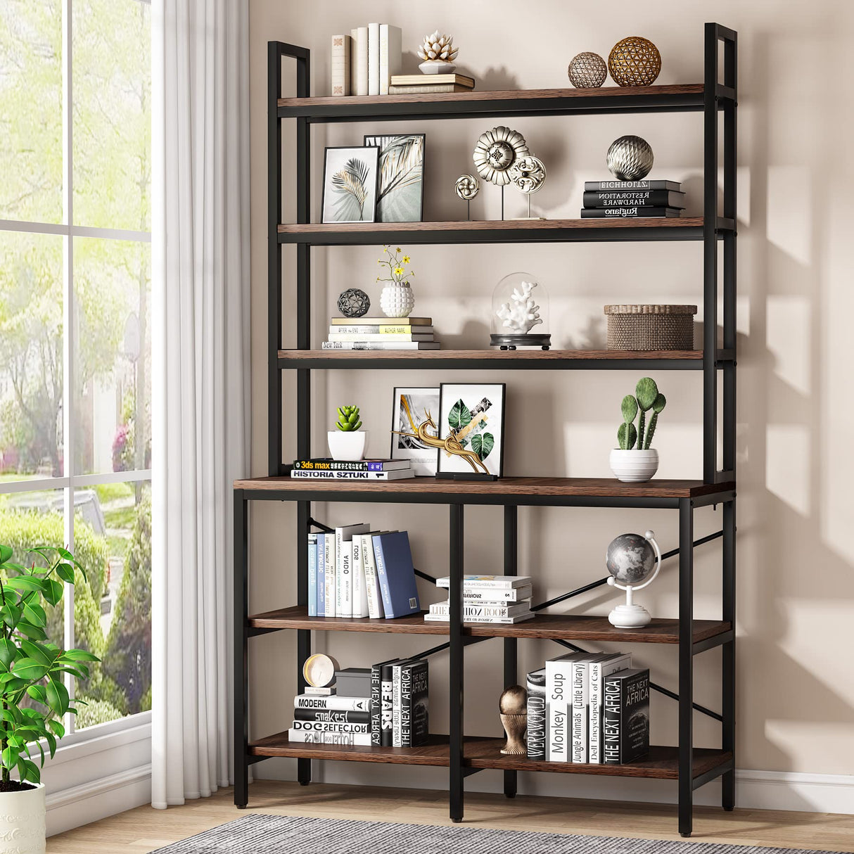 -Tier Bookshelf,Industrial Bookcase with Open Shelf,6 Shelf Storage Rack with X-Shaped Frame,Rustic Book Shelf for Living Room, Bedroom,Home, Office (1, Rustic Brown)