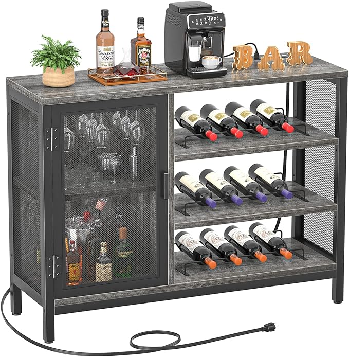 Wine Bar Cabinet with Power Outlets, Industrial Coffee Bar Cabinet for Liquor