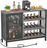 Wine Bar Cabinet with Power Outlets, Industrial Coffee Bar Cabinet for Liquor