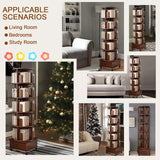 Solid Wood Rotating Book Shelf, 360° Display Bookcase with Drawer, 5-Tier Mobile Bookshelf with Wheels, 79"