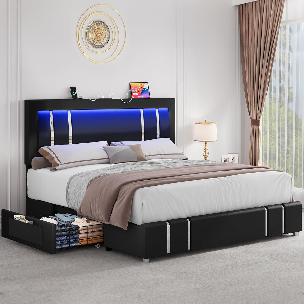 Queen Bed Frame with Adjustable Headboard, Upholstered Platform Bed with RGB LED