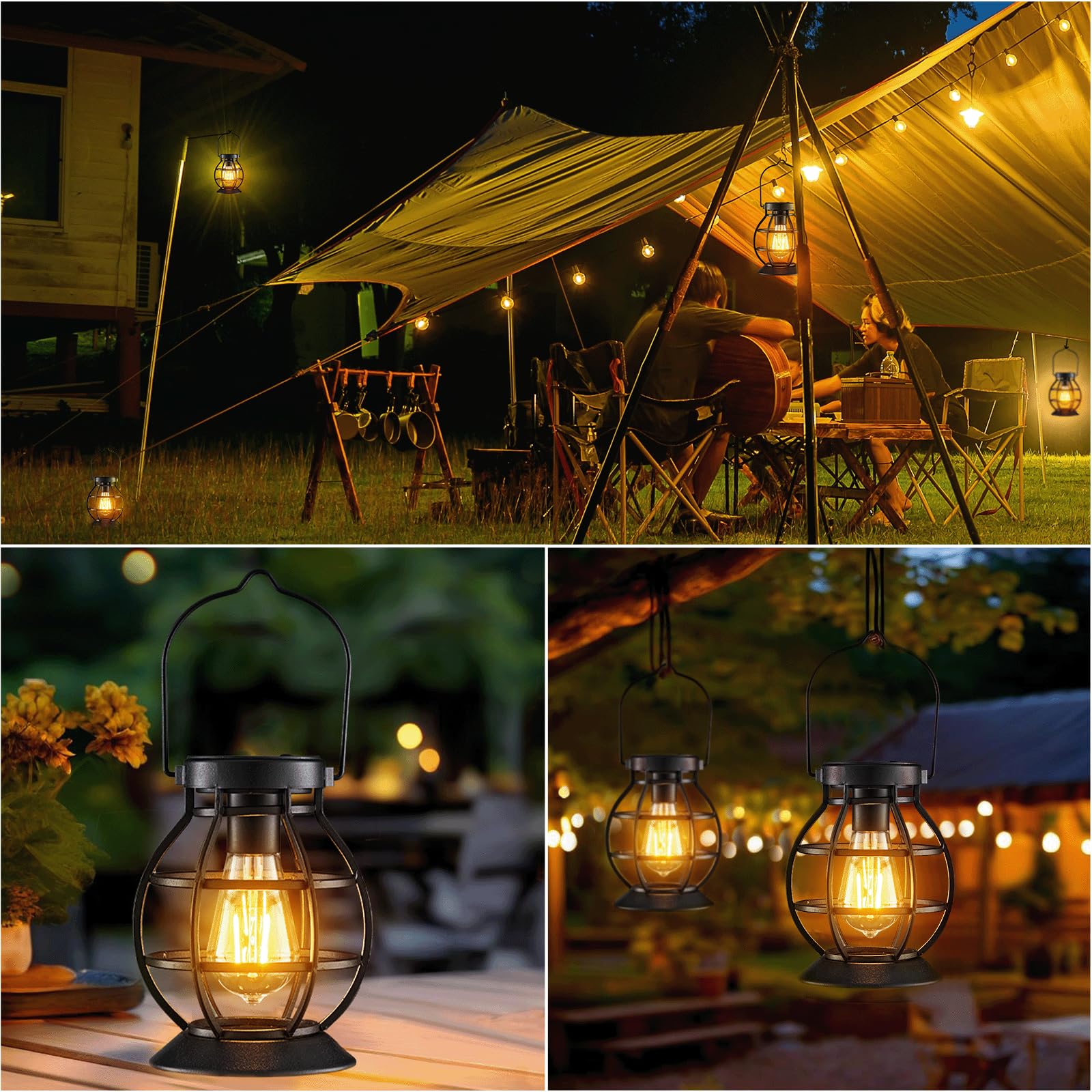 2 Pack Solar Lanterns Outdoor Hanging Lantern Lights, Metal Decor Lantern