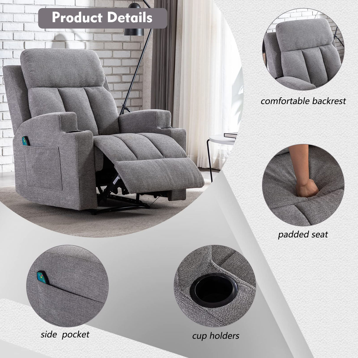 Home Manual Massage Recliner Chairs with Heat for Living Room, Overstuffed Breathable