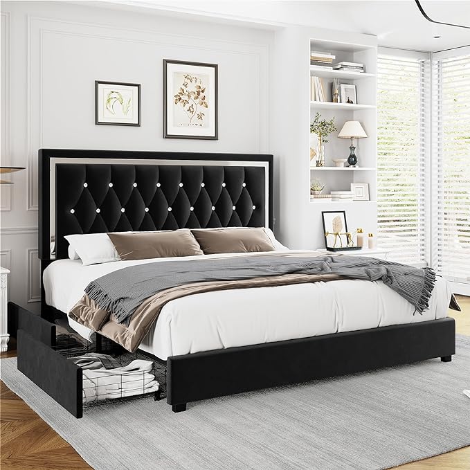 Full Size Bed Frame with 4 Storage Drawers and Adjustable Headboard, Modern