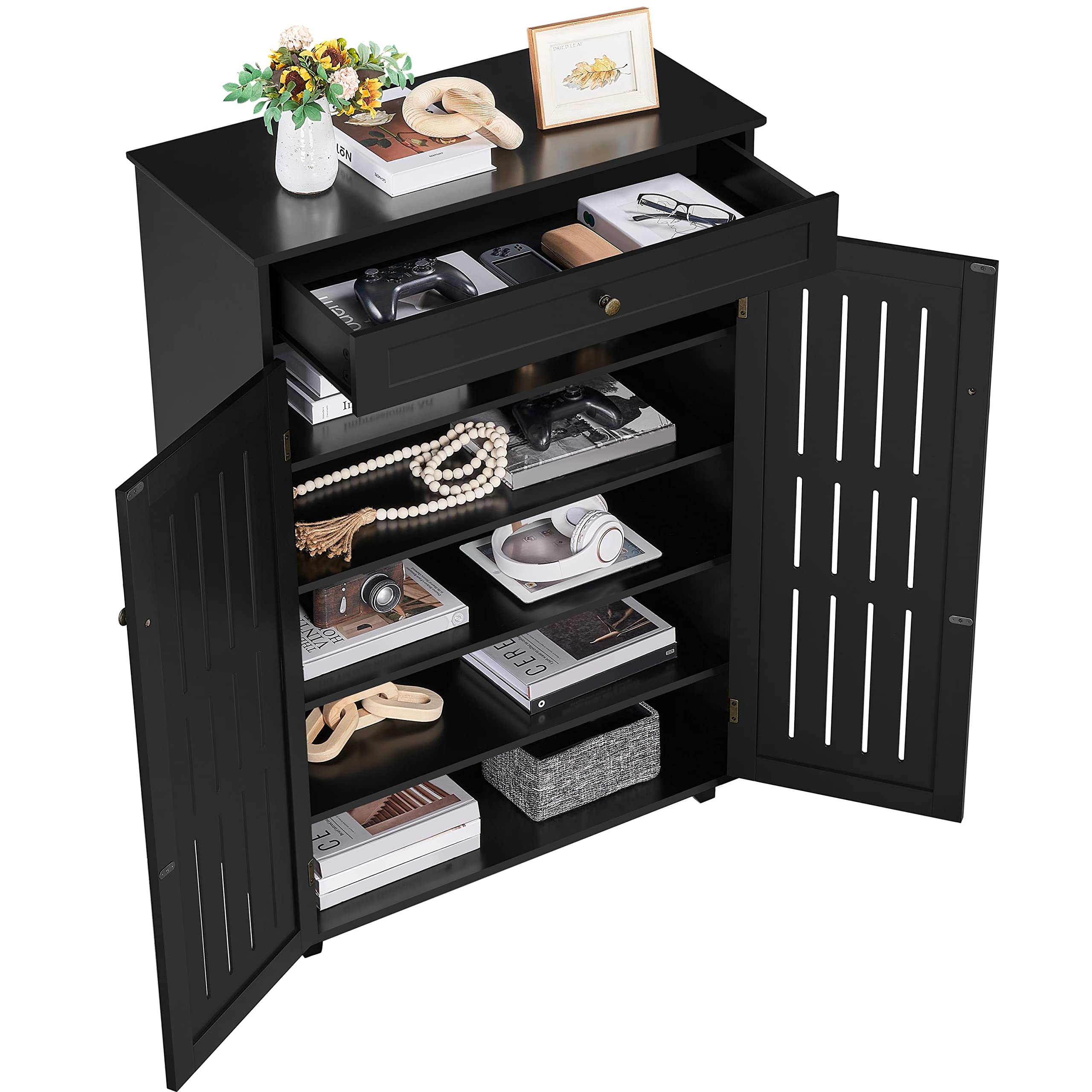Storage Cabinet Floor Storage Organizer Wooden Cabinet with Drawer 2 Doors for Entryway
