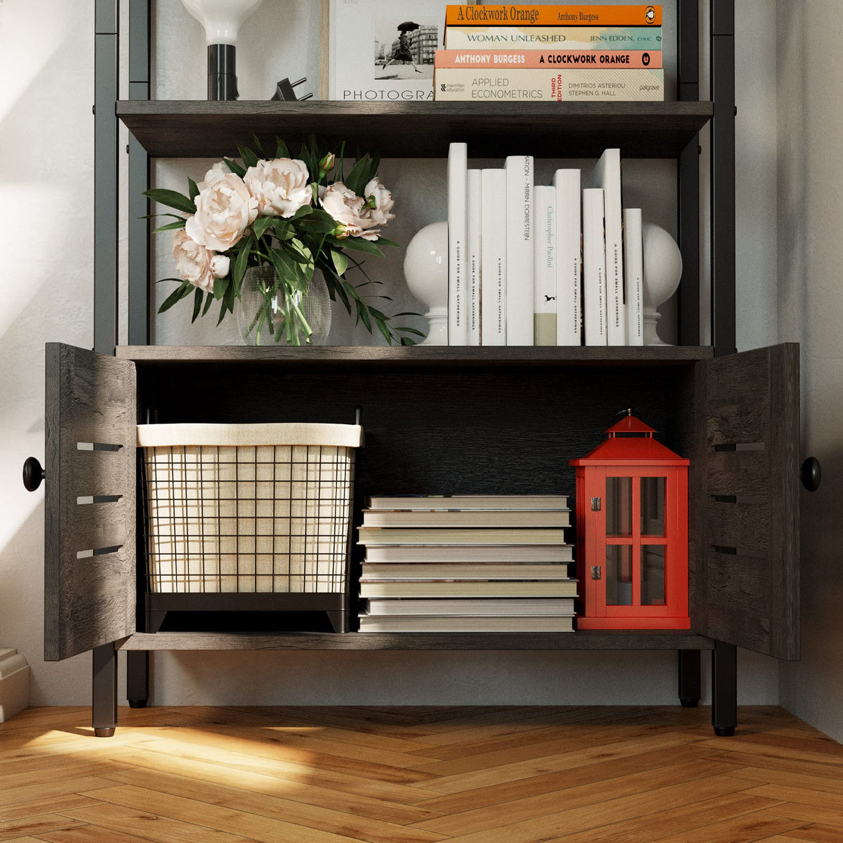 Bookshelf and Bookcase with Two Louvered Doors and Four Shelves, 27.6" Wide Standing