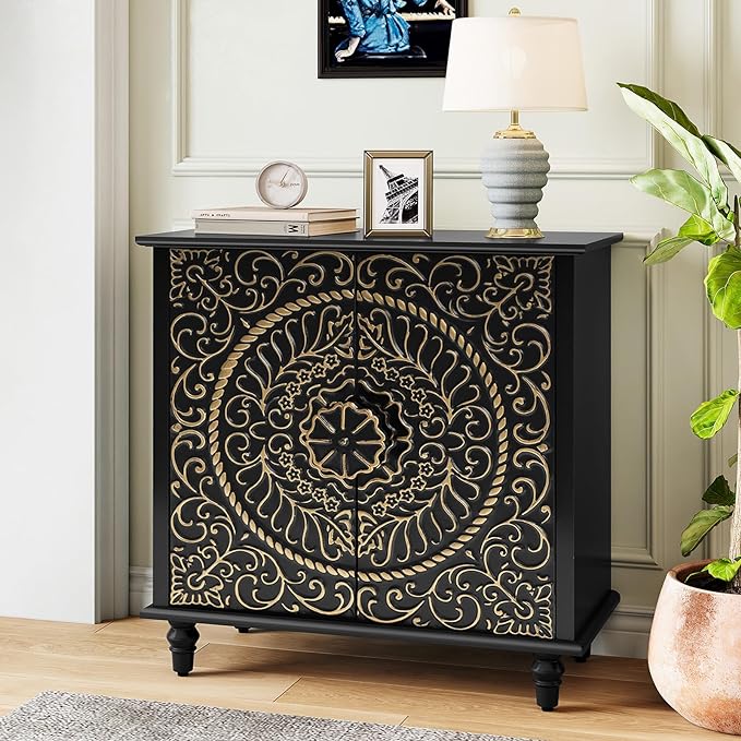 Accent Cabinet with 2 Doors, Decorative Storage Cabinet with Carved Flower Pattern