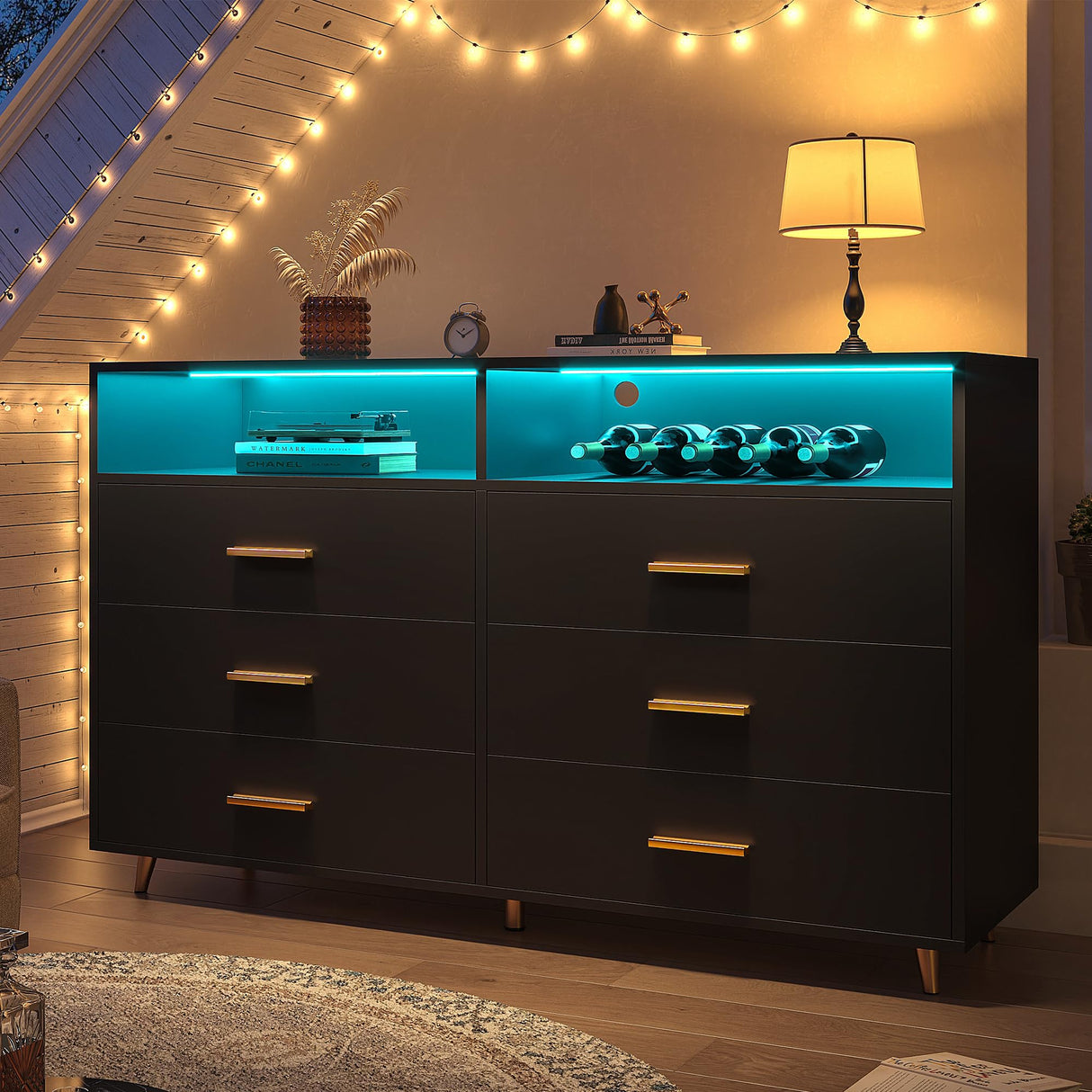 Black Dresser with LED Lights, Wood Dresser for Bedroom with Wide Large Drawers