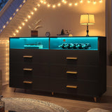 Black Dresser with LED Lights, Wood Dresser for Bedroom with Wide Large Drawers