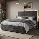 Queen Upholstered Bed Frame with Storage Headboard & LED Lights - White