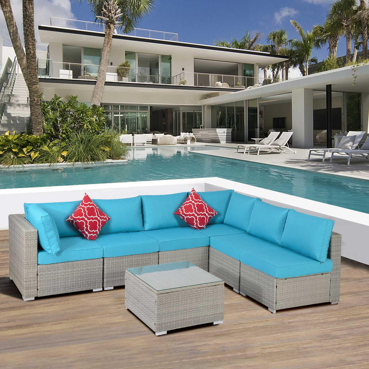 Outdoor Patio Furniture Set 7 Piece Wicker Sectional Sofa Set with Cushions and 2 Pillows