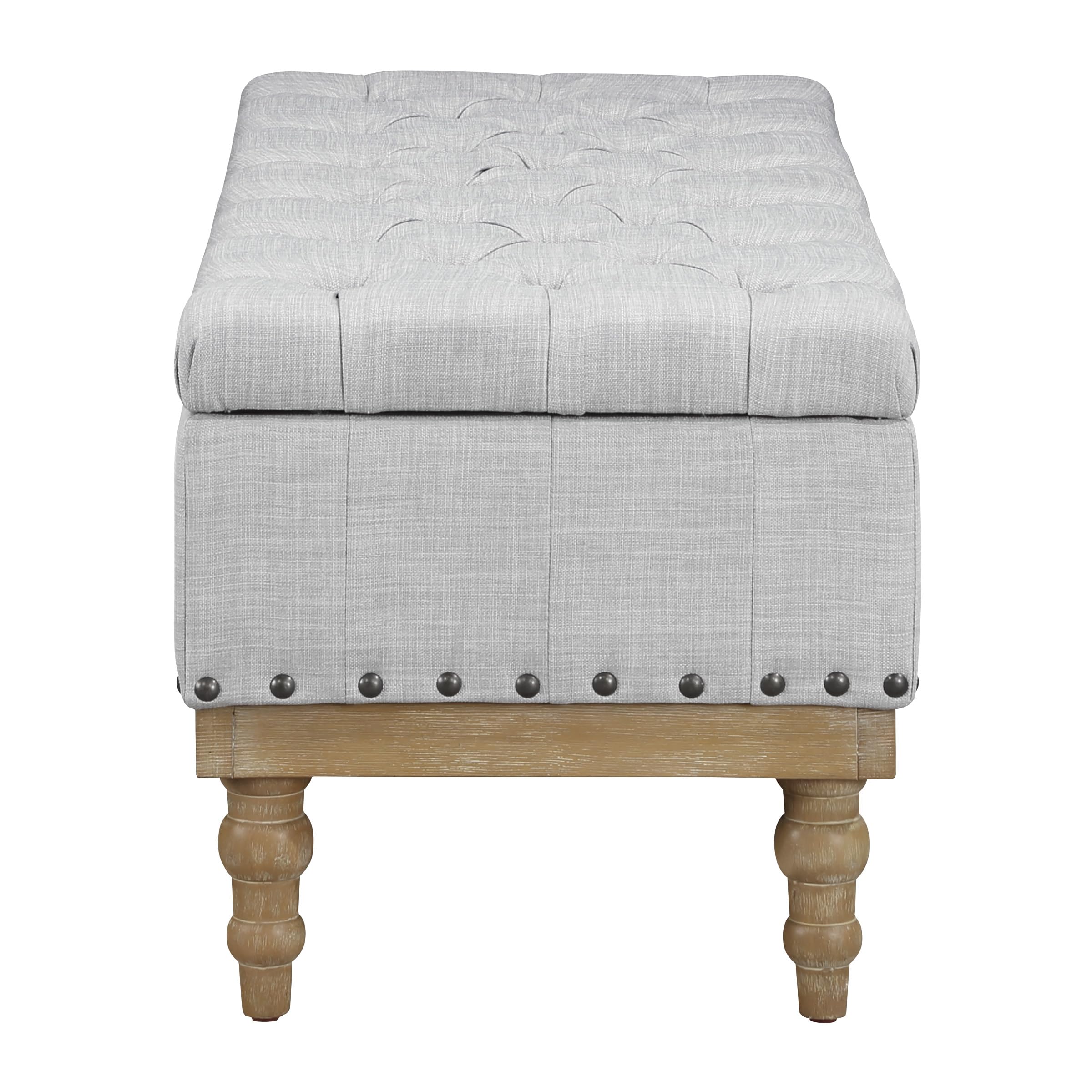 Landis Button Tufted Padded Top Storage Bench with Brushed Legs, Dove Grey Fabric