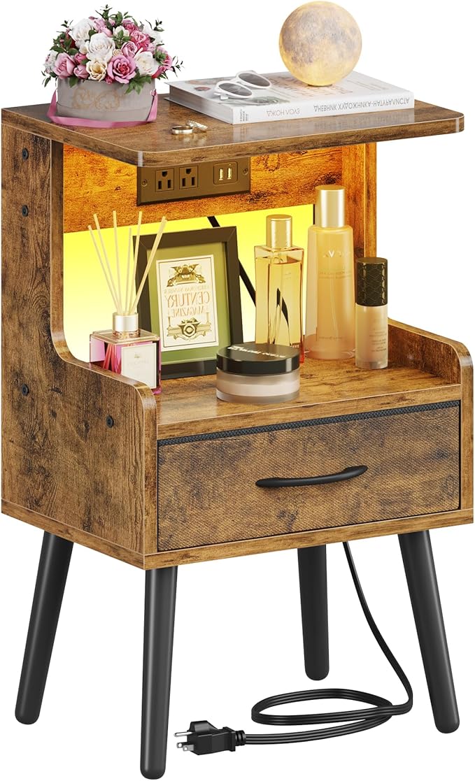 Night Stand Set 2 with Charging Station, Cute Bedside Table with Led Lights and Fabric