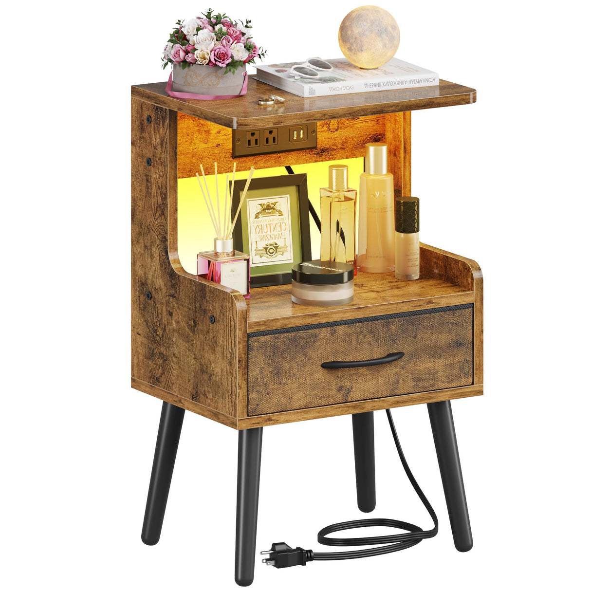 Night Stand with Charging Station, Cute Bedside Table with Led Lights and Fabric Drawer