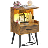 Night Stand with Charging Station, Cute Bedside Table with Led Lights and Fabric Drawer