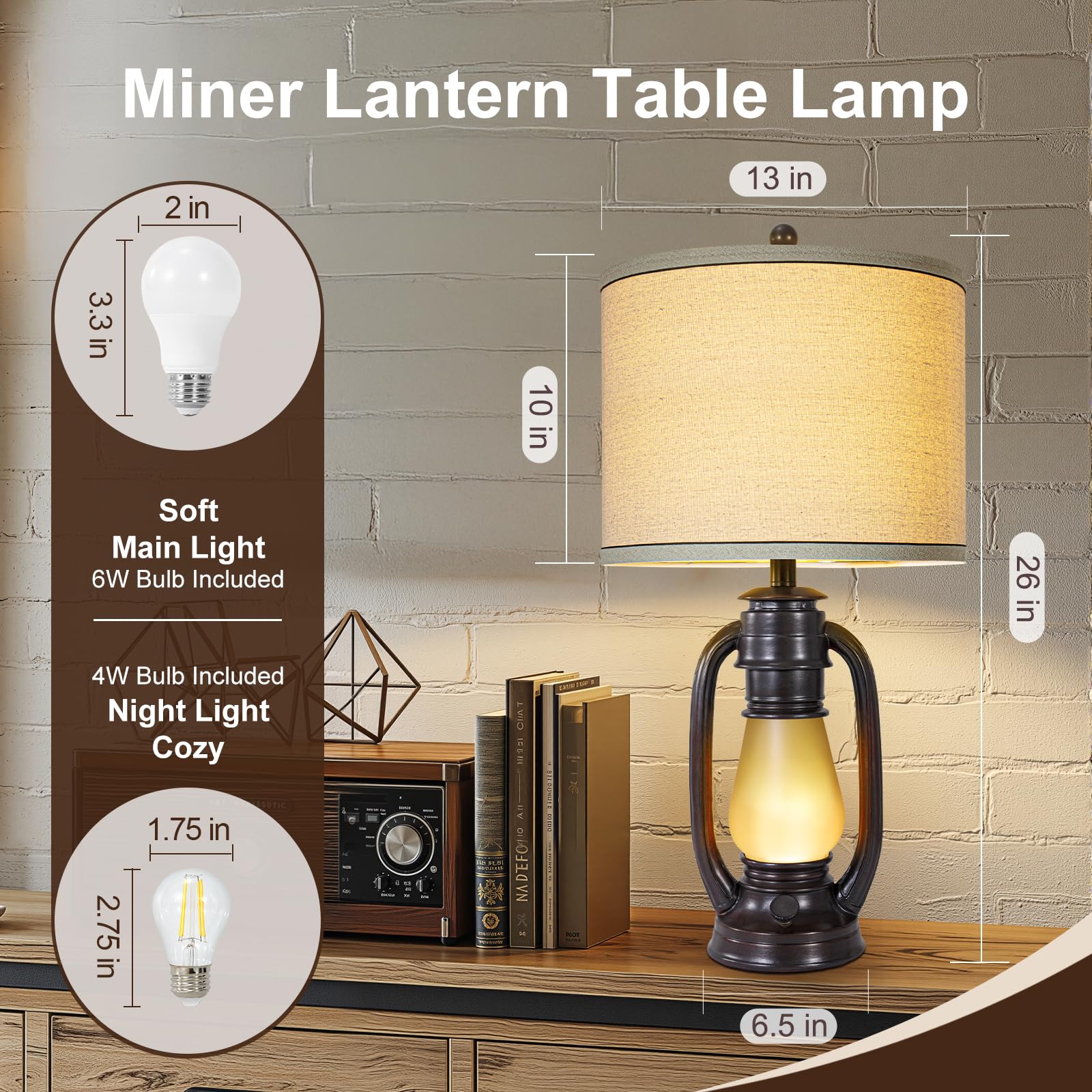 26" Vintage Lantern Table Lamps Set of 2 with USB Charging Ports