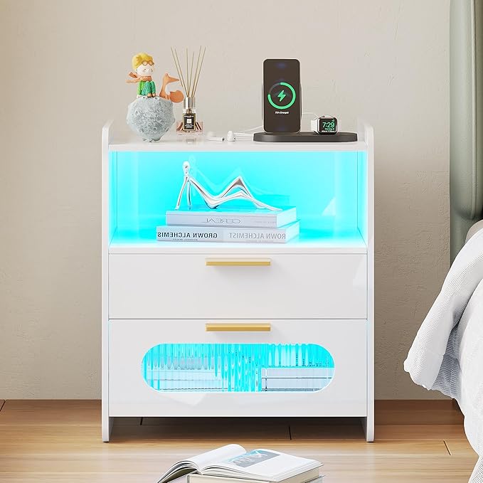 Nightstand with Charging Station, Modern Bedside Table with Jewelry Storage Drawers,