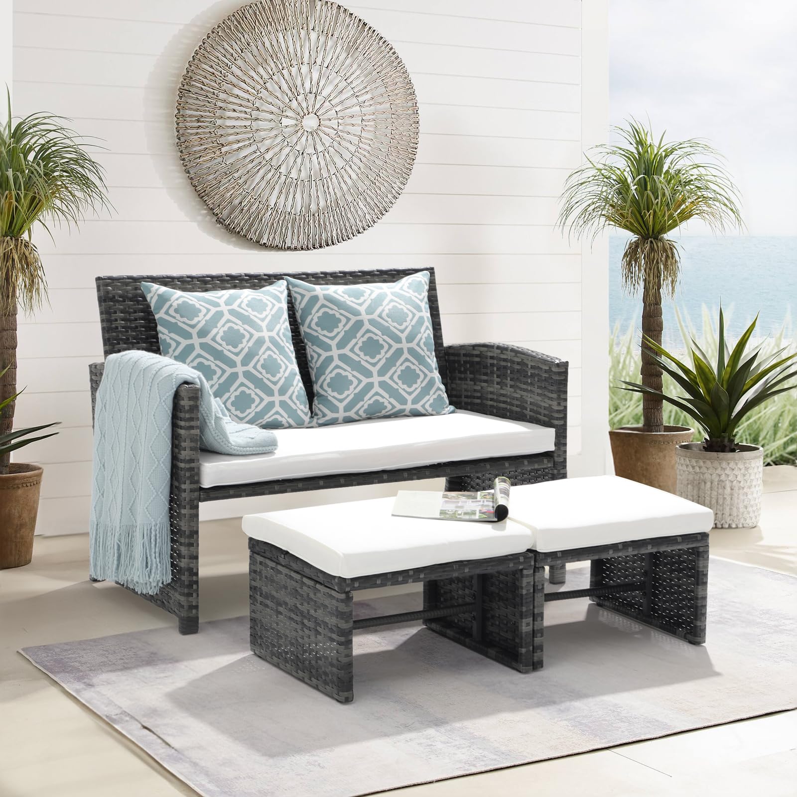 Patio Furniture Set,3 Pieces Outdoor Wicker Conversation Loveseat