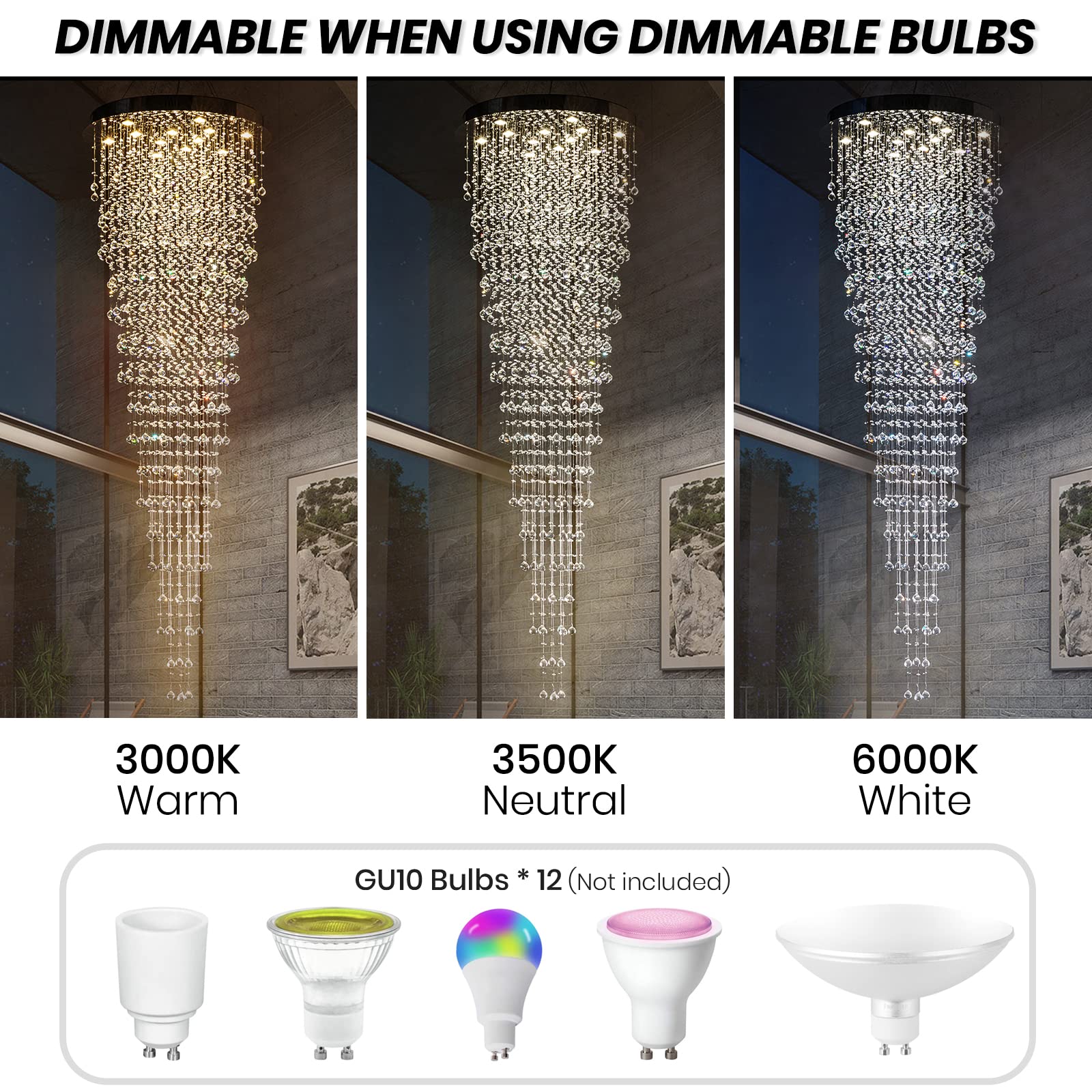 Modern Large Crystal Chandelier for High Ceilings, Raindrop Round Large Foyer