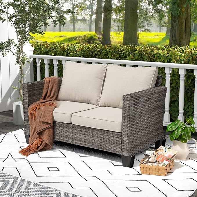 Patio Sofa Loveseat, 2-Seater Outdoor Wicker Rattan Sofa Couch