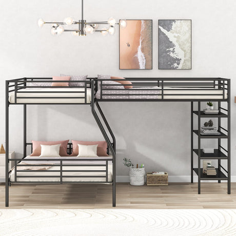 Twin Over Full L-Shape Bunk Bed with Storage Shelves 3 Beds Bunked Metal Frame Black Corner Loft Bed for Three Kids Teens Boys Girls