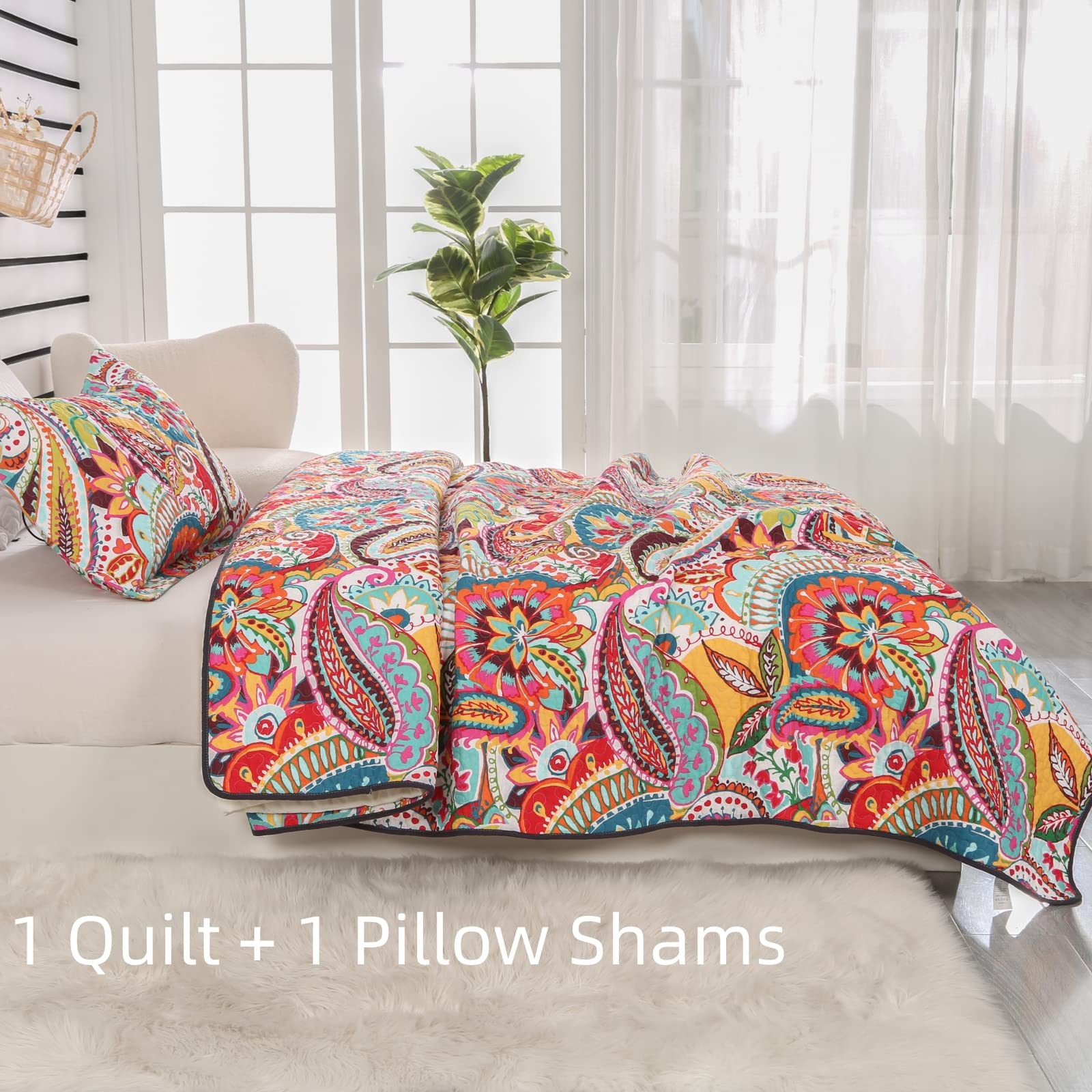 Cotton Twin Quilts Sets, 2 Piece Multicolor Paisley Pattern Red