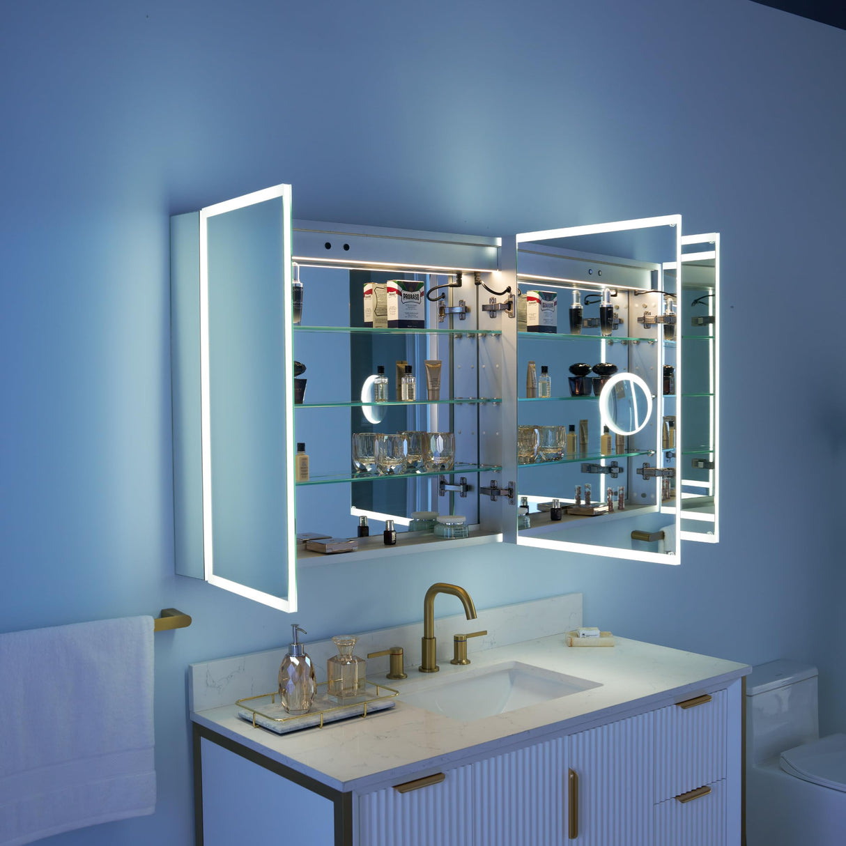 48" X 30" LED Mirrored Bathroom Cabinet with 3X Magnification Makeup Mirror