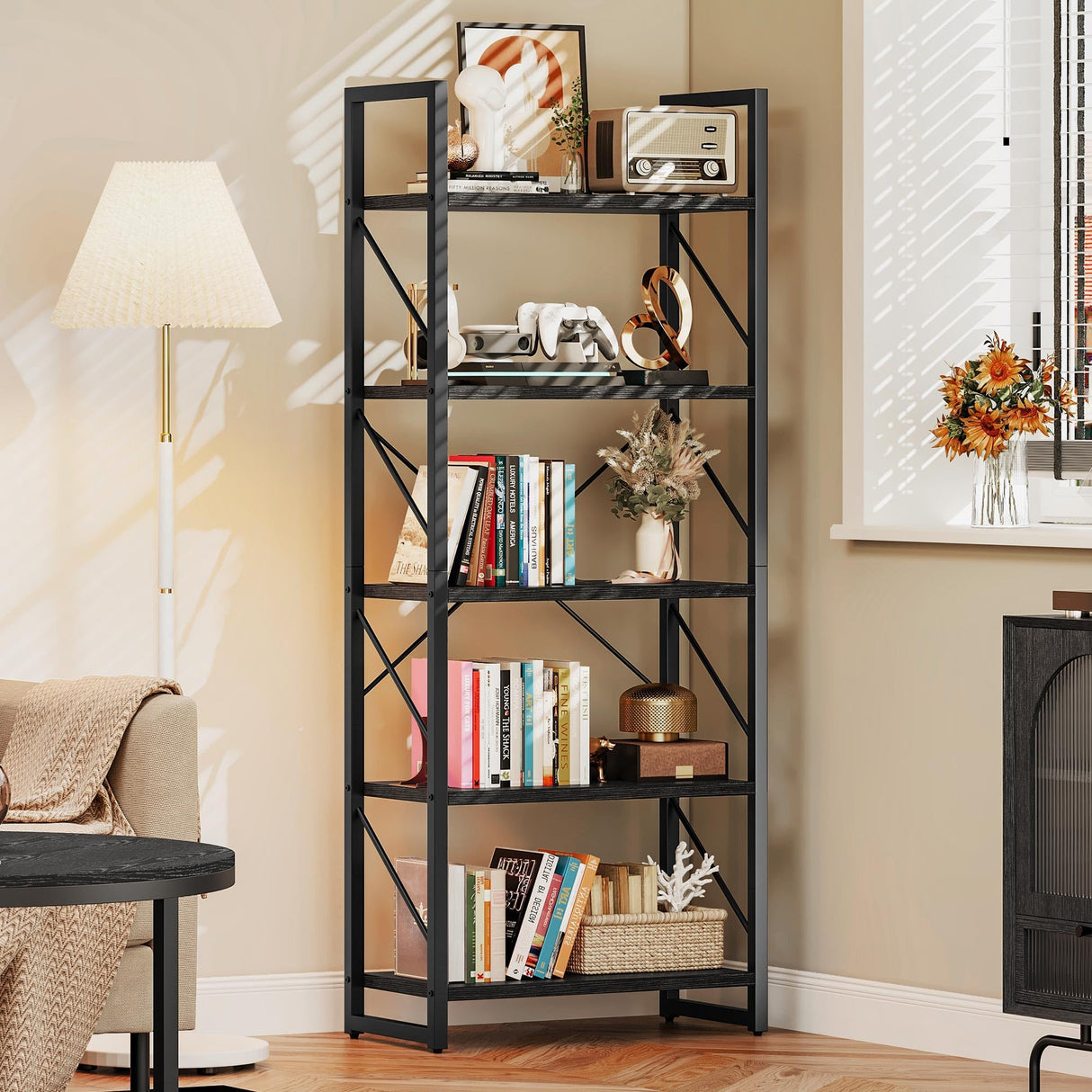 DWVO 5 Tier Bookshelf Black Bookcase, Storage Shelves Organizer Standing Shelf, Display Rack Book Shelves for Bedroom,Living Room,Office,Kitchen, Black