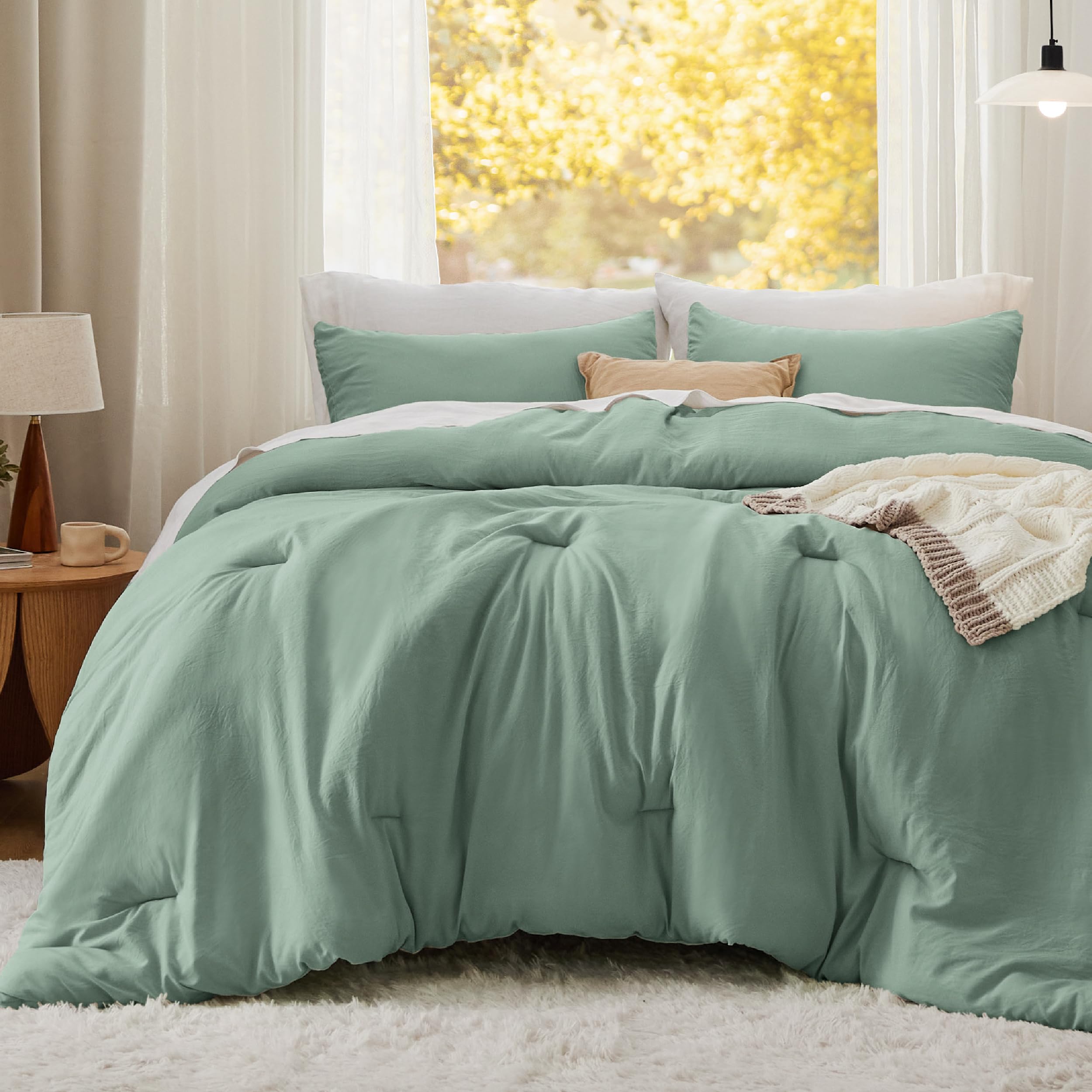 Full Size Comforter Set - Sage Green Prewashed Bedding (3 Pieces)