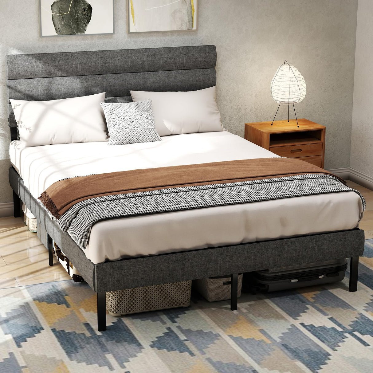 Upholstered Headboard, Metal Platform Bed Frame Full Size with 14" Underbed