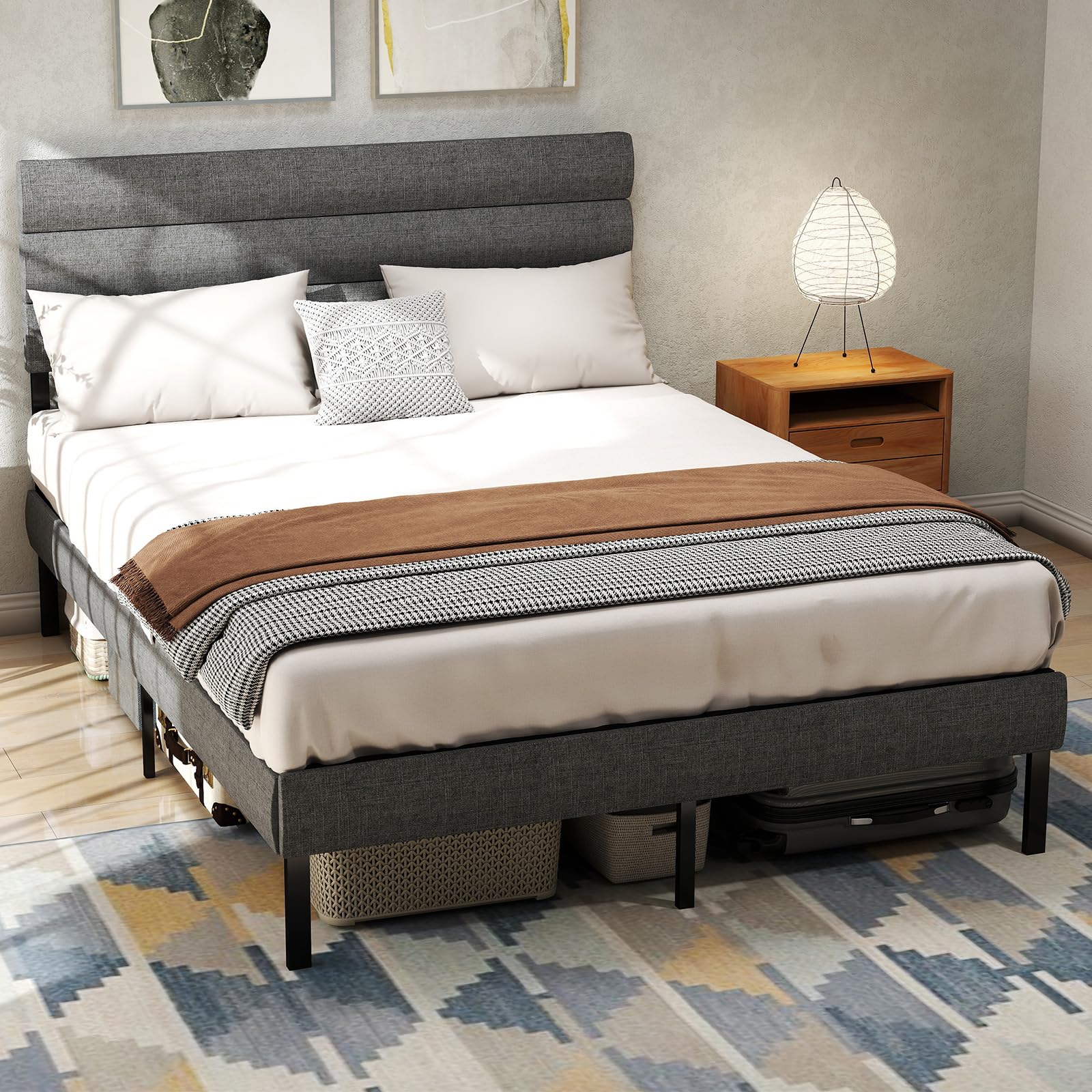 Upholstered Headboard, Metal Platform Bed Frame Full Size with 14" Underbed