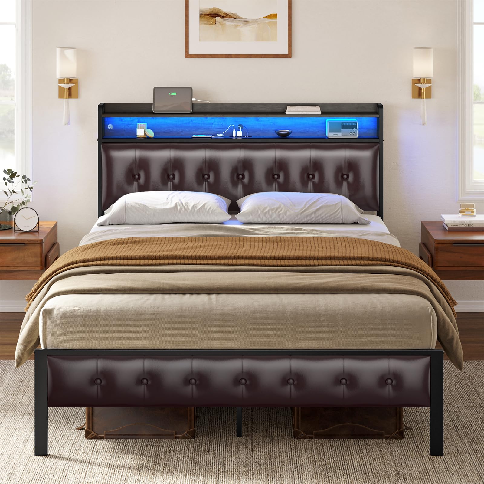 Bed Frame Full Size with Storage Headboard Platform Bed Frame with 2 Charging