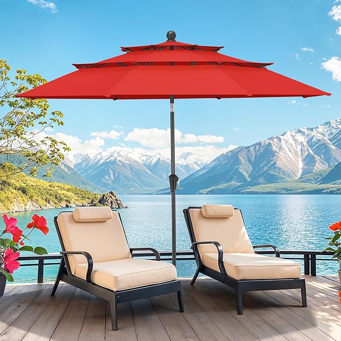10 FT Patio Umbrella, 3 Tier Outdoor Table Umbrella with 8 Sturdy Glass Fiber Ribs