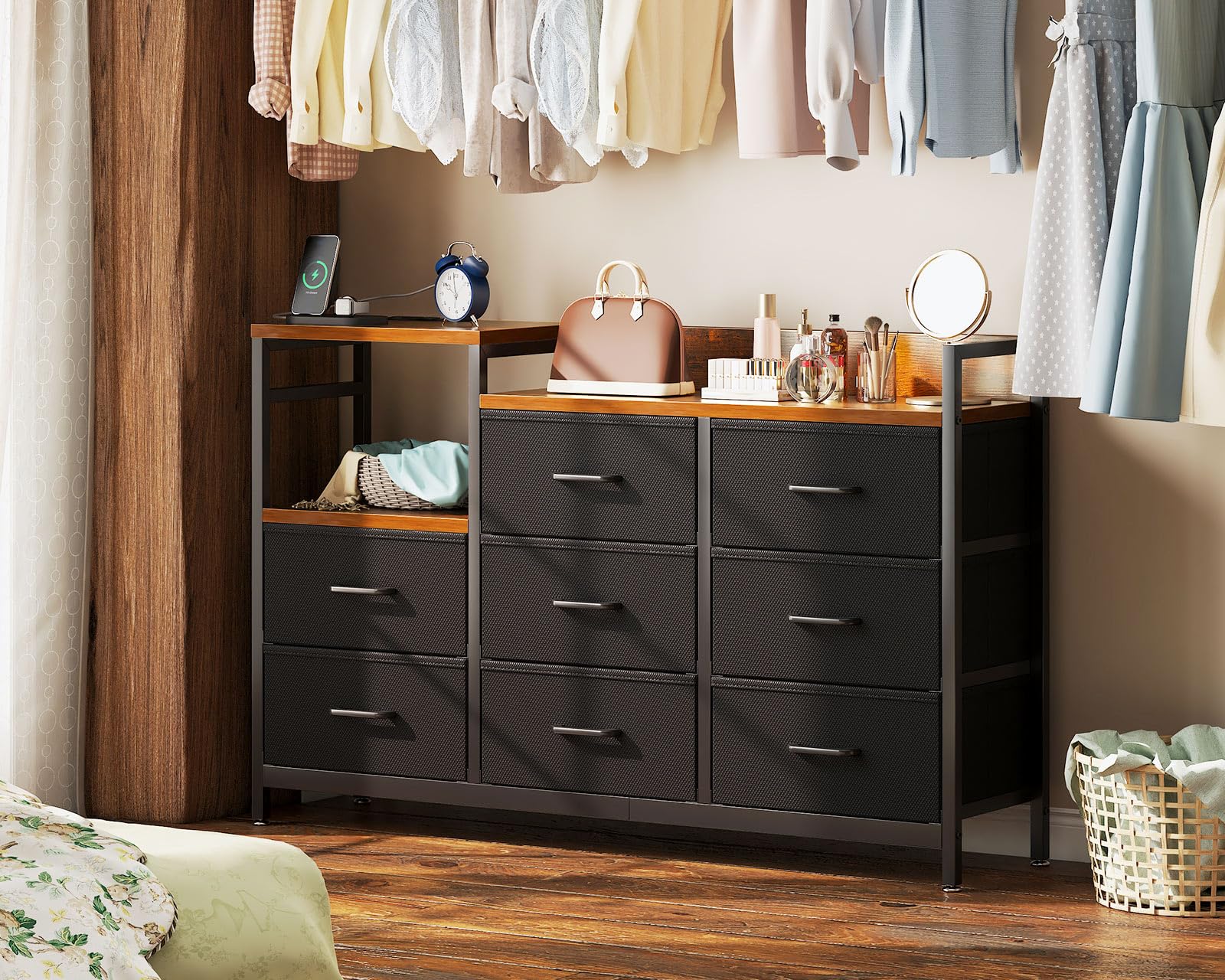 Dresser for Bedroom with Charging Station,  Long Dresser