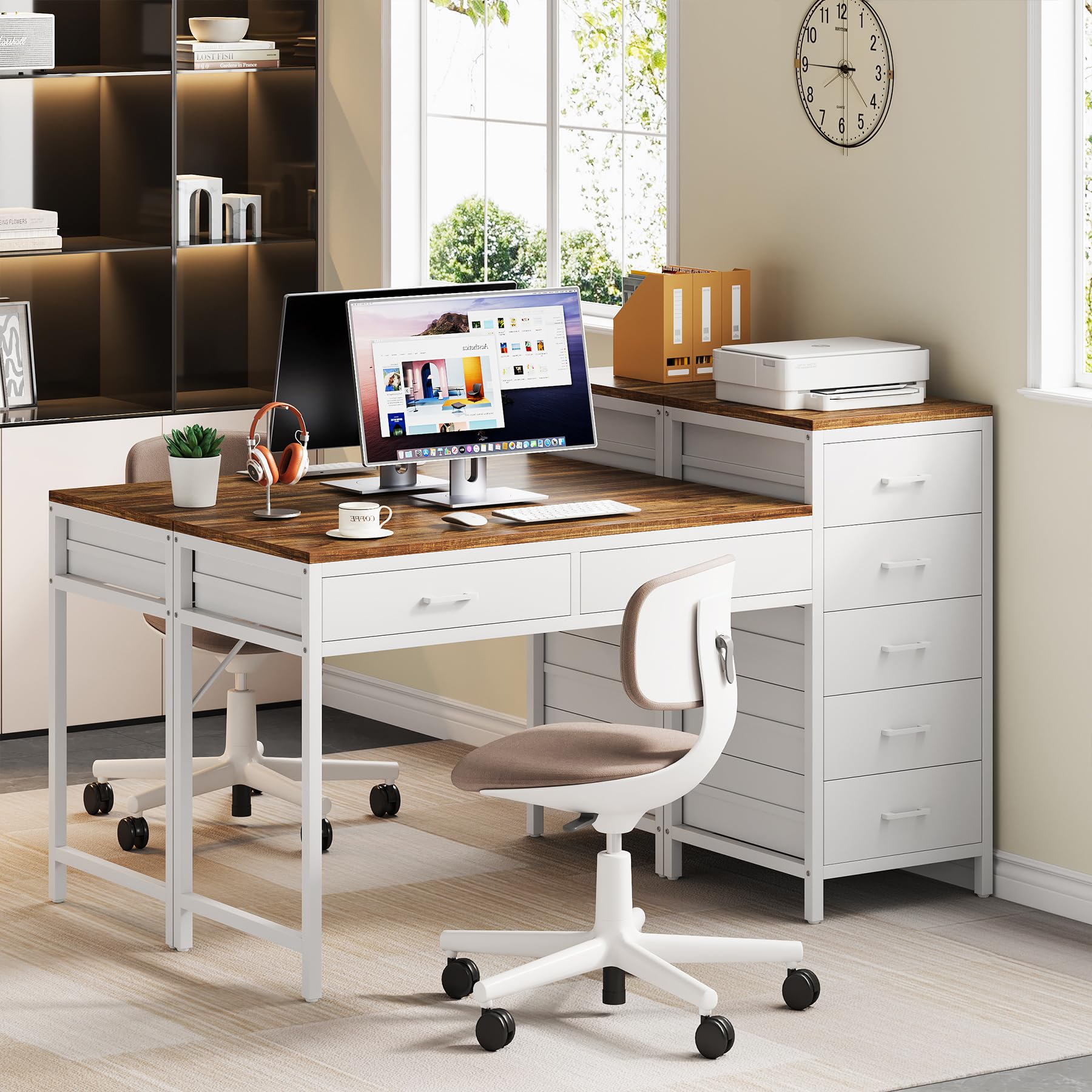 Computer Desk with Reversible Drawer, 55 inch Home Office Desks with 7 Drawers,