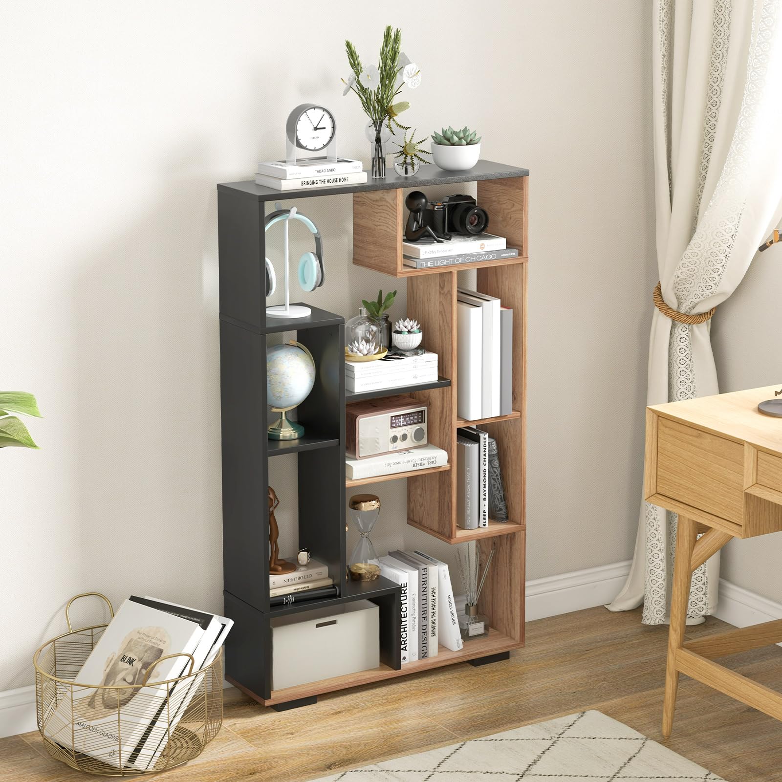 47-Inch Bookshelf, Modern Wooden Geometric Bookcase with Open Shelves, Anti-Tipping Kits, Wood Book Case Shelf, Open Cube Storage Organizer Display Rack for Living Room