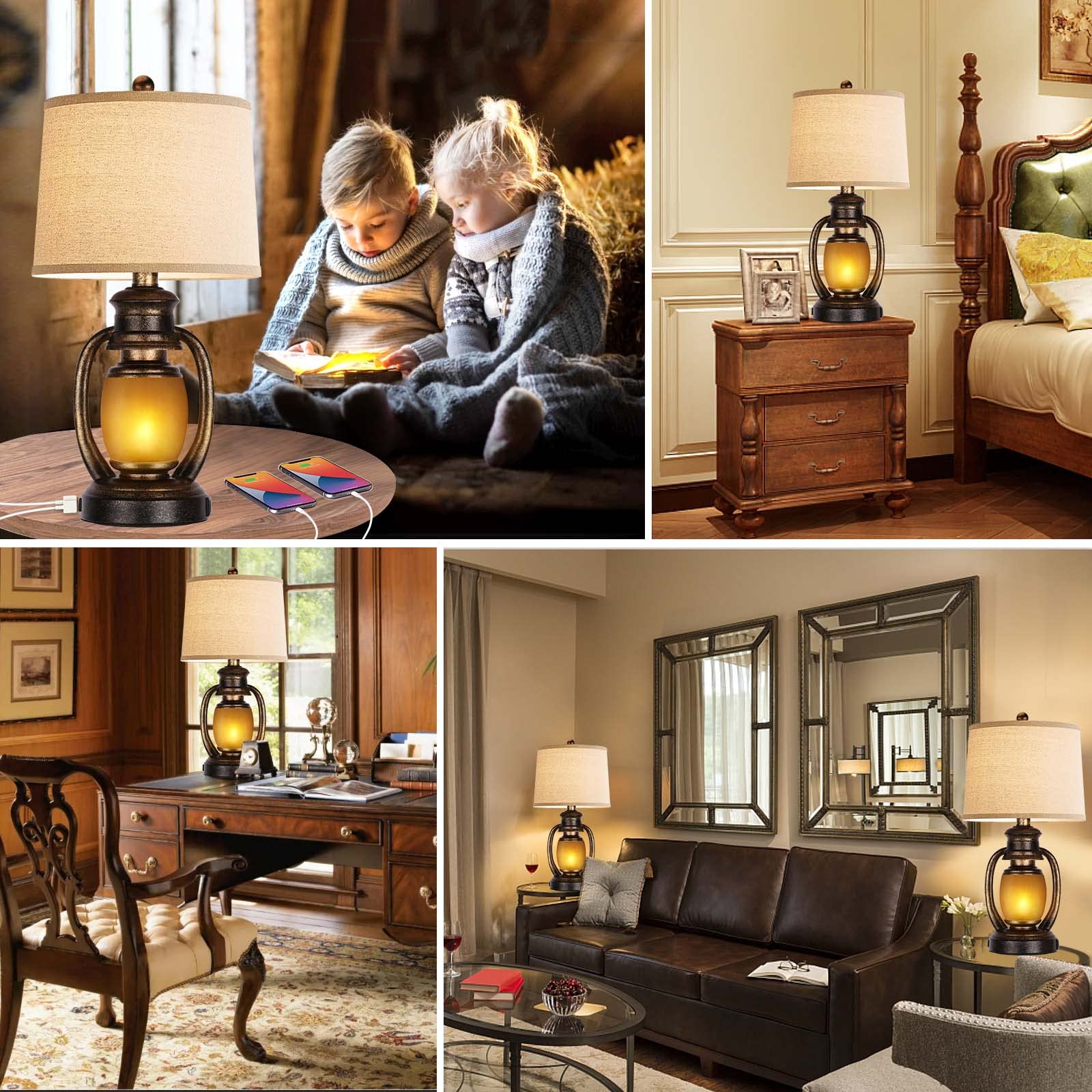 Set of 2 Rustic Living Room with 2 USB Port and Outlet
