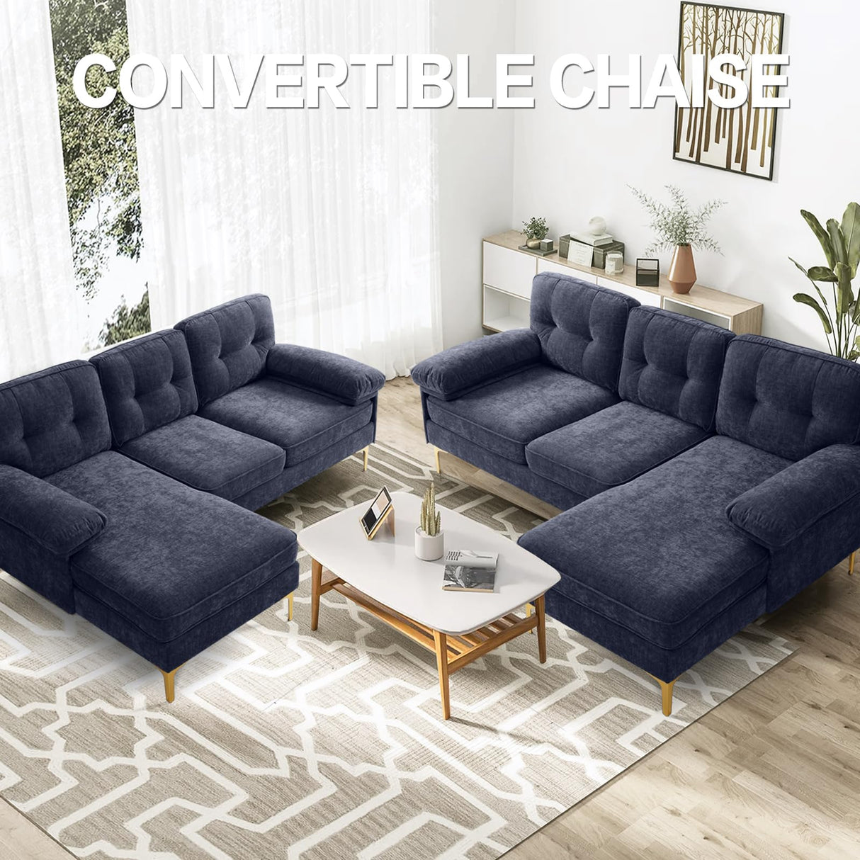 82" Modern Couch w/Chaise, L Shaped Sofa Couch Reversible, Chenille Small Sectional