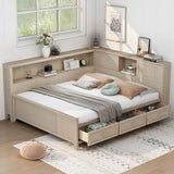 Wood Twin Daybed Frame with Storage Shelves and 3 Drawers, Antique White Milk